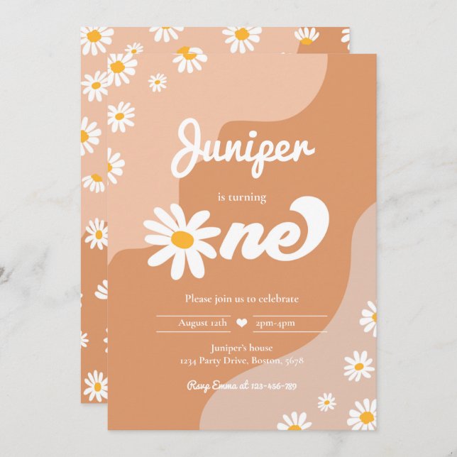 Invitación Boho Primer cumpleaños Daisy Floral Groovy Fiesta  (Anverso / Reverso)