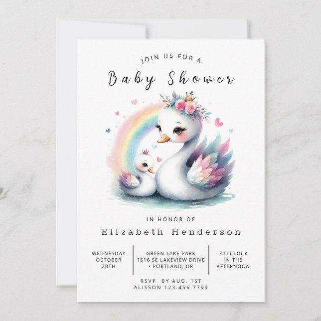 Invitación Boho Printable Swan Baby Shower (Anverso)