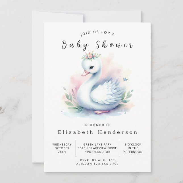 Invitación Boho Printable Swan Baby Shower (Anverso)