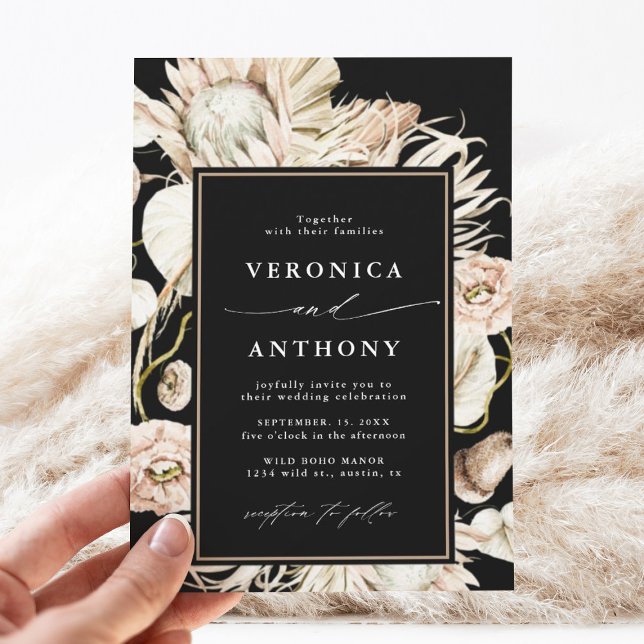 Invitación Boho Protea Pampas Boda Floral Grass Black (Subido por el creador)