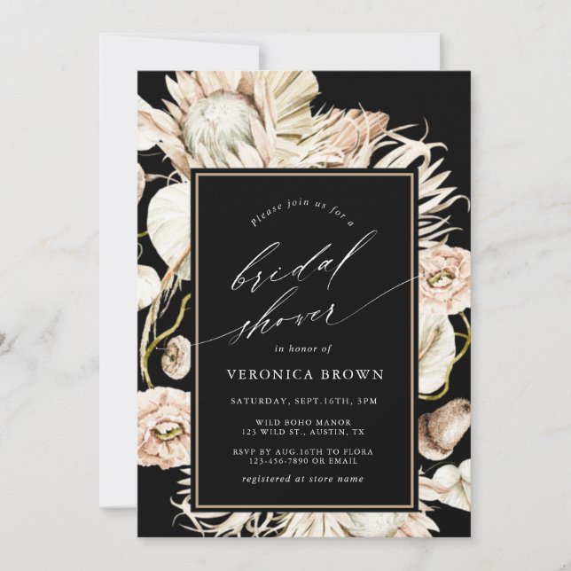 Invitación Boho Protea Pampas Ducha negra de novias (Anverso)