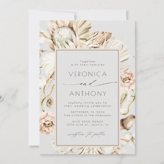 Invitación Boho Protea Pampas Grass Floral Boda Gris (Anverso)