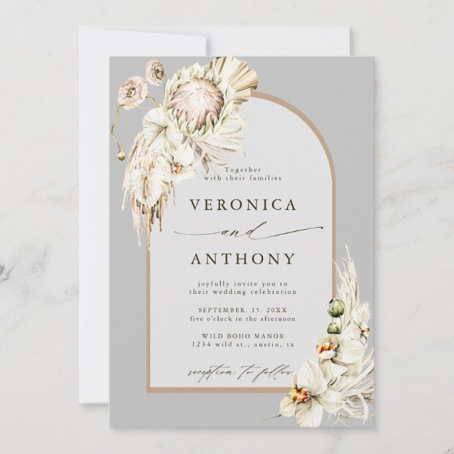 Invitación Boho Protea Pampas Grass Floral Gris Boda (Anverso)