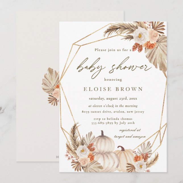 Invitación Boho Pumpkin Pampas Floral Grasa Baby Shower Invi (Anverso / Reverso)
