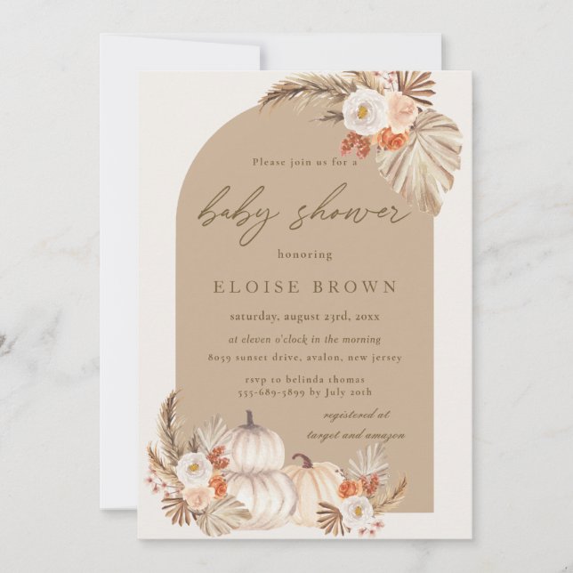 Invitación Boho Pumpkin Pampas Grass Floral Arch Baby Shower (Anverso)