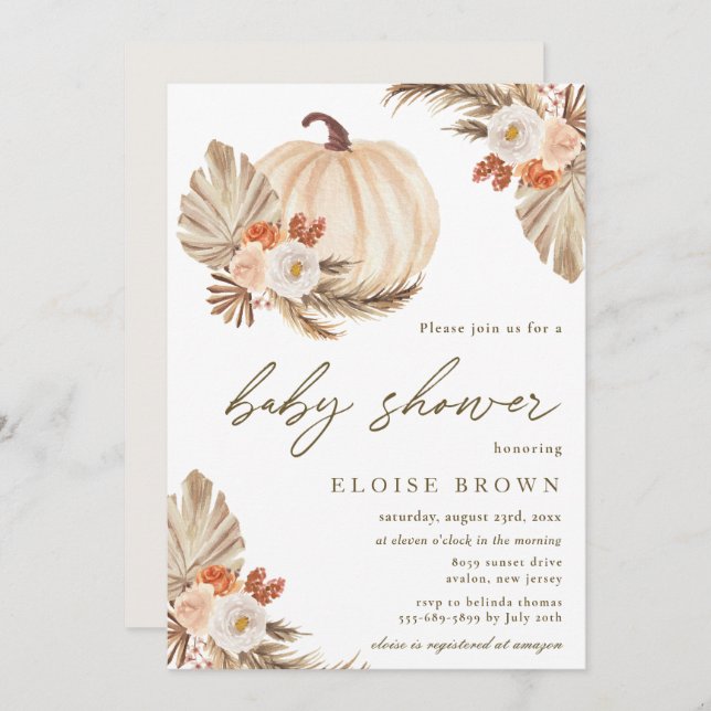 Invitación Boho Pumpkin Pampas Grass Floral Baby Shower (Anverso / Reverso)