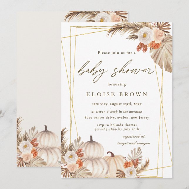 Invitación Boho Pumpkin Pampas Grass Geométrico Baby Shower (Anverso / Reverso)