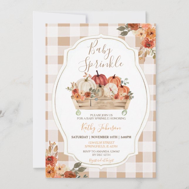 Invitación Boho Pumpkins Floral Gingham Caída Bebé Sprinkle (Anverso)