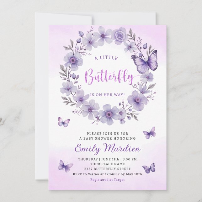 Invitación Boho Purple A Little Butfly Chica Baby Shower (Anverso)