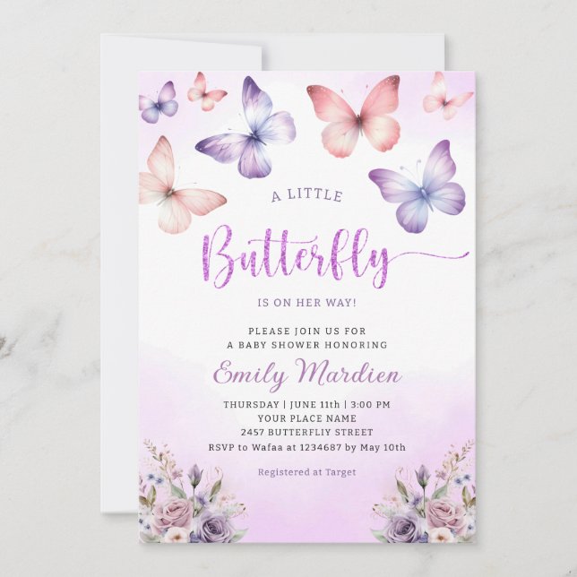Invitación Boho Purple A Little Butfly Chica Baby Shower (Anverso)
