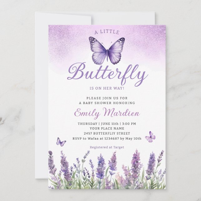 Invitación Boho Purple A Little Butfly Chica Baby Shower (Anverso)