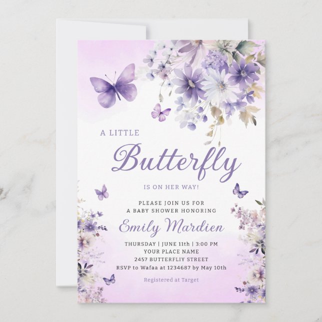 Invitación Boho Purple A Little Butfly Chica Baby Shower (Anverso)