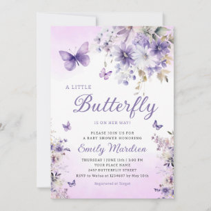 Invitación Boho Purple A Little Butfly Chica Baby Shower