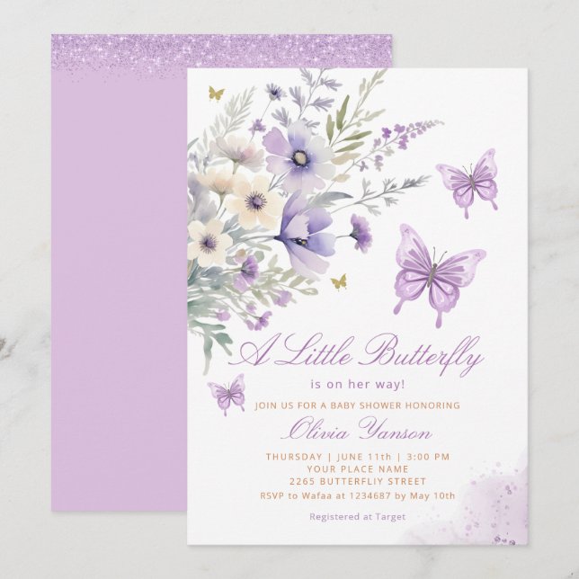 Invitación Boho Purple A Little Butfly Chica Baby Shower (Anverso / Reverso)