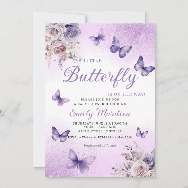 Invitación Boho Purple A Little Butfly Chica Baby Shower (Anverso)