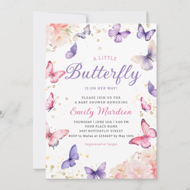 Invitación Boho Purple A Little Butfly Chica Baby Shower I (Anverso)