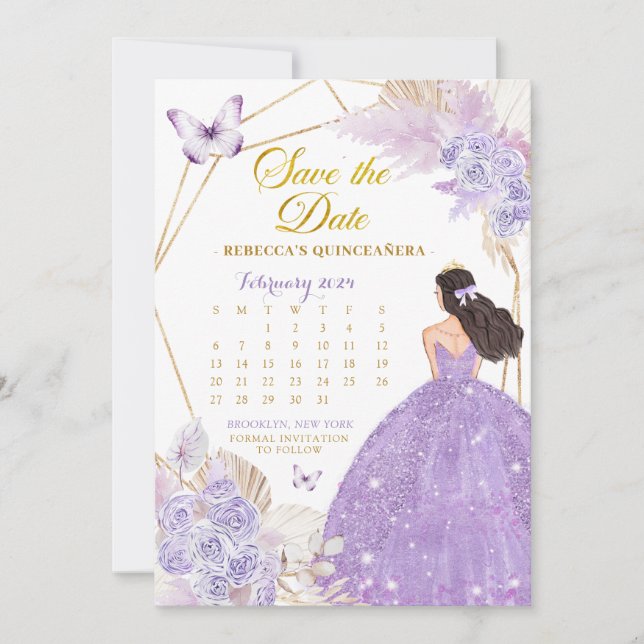 Invitación Boho Purple Butterfly XV Guardar el calendario de  (Anverso)