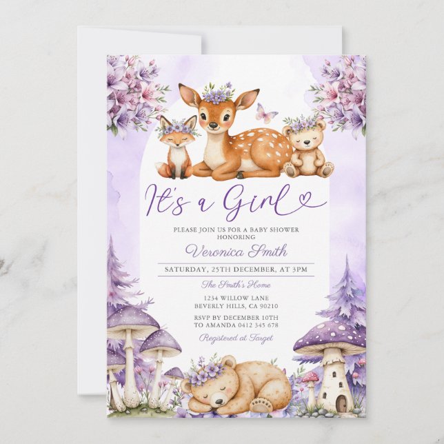 Invitación Boho Purple Deer Woodland Chica Baby Shower Floral (Anverso)