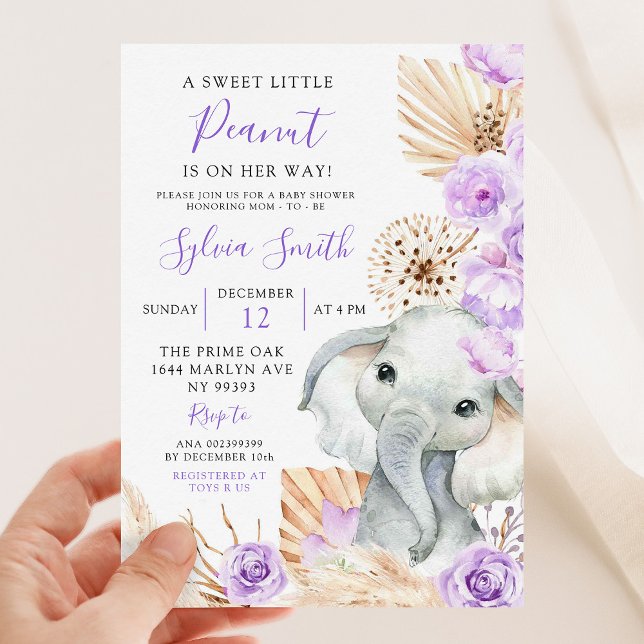 Invitación Boho Purple Elephant Chica Floral Baby Shower (Subido por el creador)