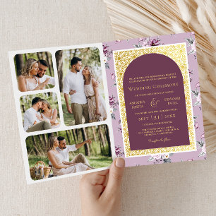 Invitación Boho Purple Floral All en un Boda indio de oro