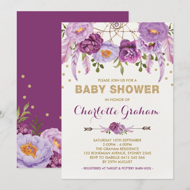 Invitación Boho Purple Floral Dreamcatcher Baby Shower (Anverso / Reverso)