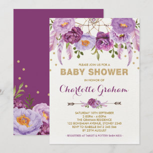 Invitación Boho Purple Floral Dreamcatcher Baby Shower