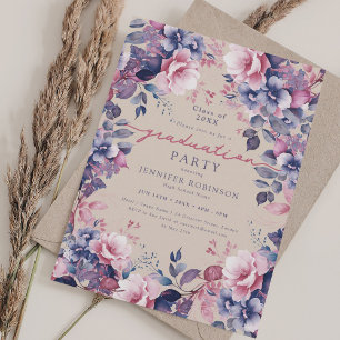 Invitación Boho Purple Floral Graduación Partido Champagne
