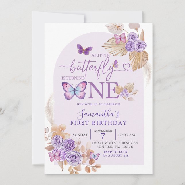 Invitación Boho Purple Floral y Arco de Mariposa Cumpleaños (Anverso)