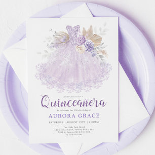 Invitación Boho Purple Lilac Quinceañera Princesa Vestido