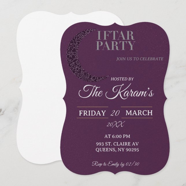 Invitación Boho Purple Minimalist Mosque Ramadan Iftar Party  (Anverso / Reverso)