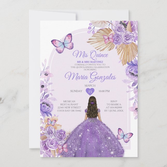 Invitación Boho Purple Mis Quince Lavender 15 Anos Crown (Anverso)