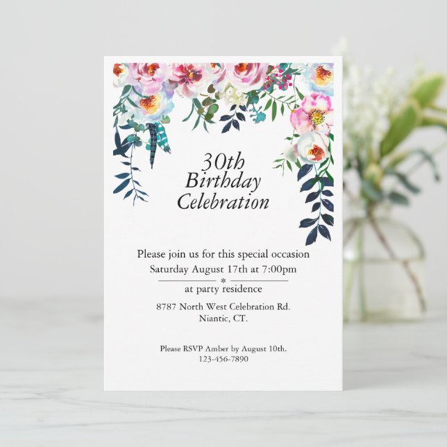 Invitación Boho Purple Peony Personalizable 30 cumpleaños (Anverso de pie)