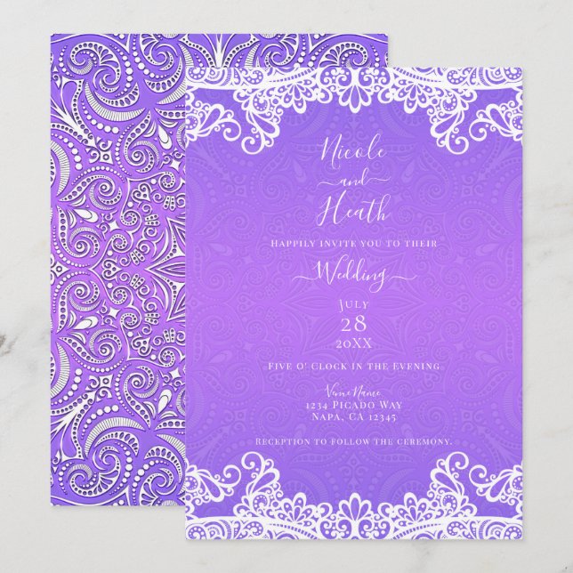 Invitación Boho Purple Pink White Lace Negrita Patrón Boda (Anverso / Reverso)