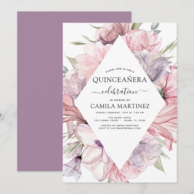Invitación Boho Purple Quinceañera Dusty Pink Floral Invitati (Anverso / Reverso)