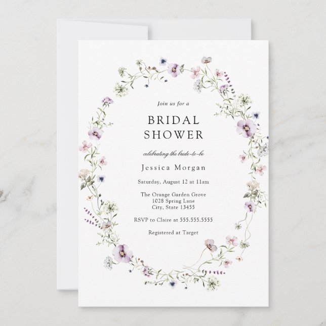 Invitación Boho Purple Wildflower Wreath Shower (Anverso)