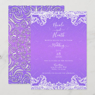 Invitación Boho Púrpura Rosa Blanco Encaje Patrón Audaz Boda