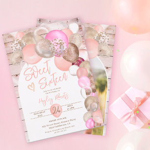 Invitación Boho purpurina de madera rústica globos rosa Sweet