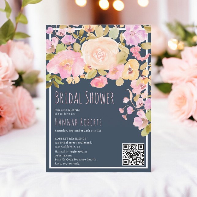 Invitación Boho QR Pastel melocotón rosa Floral Brillante Duc (Boho QR Pastel Pink peach Floral Bridal Shower Invitation on midnight blue)