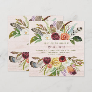 Invitación Boho que casa el   Borgoña y las flores del