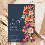 Invitación Boho quemó naranja tierra tono moda floral dulce 1<br><div class="desc">Moda floral de color naranja quemado de Boho 16 invitación con terracota pintada a mano,  rosa,  melocotón,  flores amarillas y rojas con hojas verdes y vegetación sobre fondo azul oscuro con una tipografía de escritura cepillada.</div>