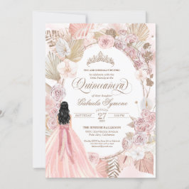 Invitación Boho Quinceanera Invi, Rosa floral seco rosado de