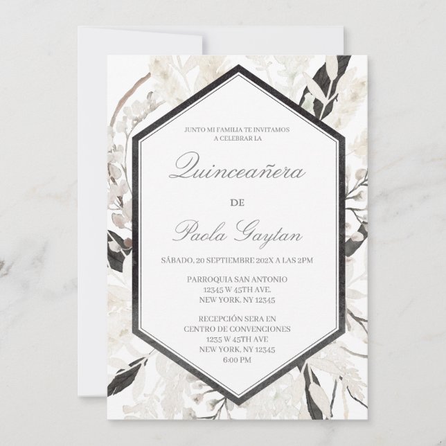 Invitación Boho quinceañera negro en español (Anverso)