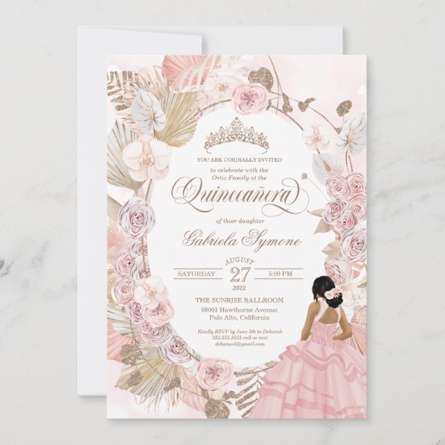 Invitación Boho Quinceanera Rubor Flor Seca Rosa (Anverso)
