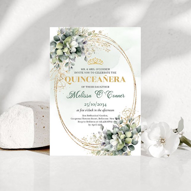 Invitación Boho Quinceañera Verde Salvia Eucalipto (Sage Green Eucalyptus Quinceañera Boho Invite)