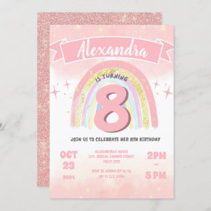 Invitación Boho Rainbow 8 Purpurina de cualquier edad Chica d