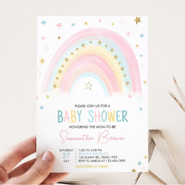 Invitación Boho Rainbow Baby Shower (Pink Rainbow Baby Shower Invitation)