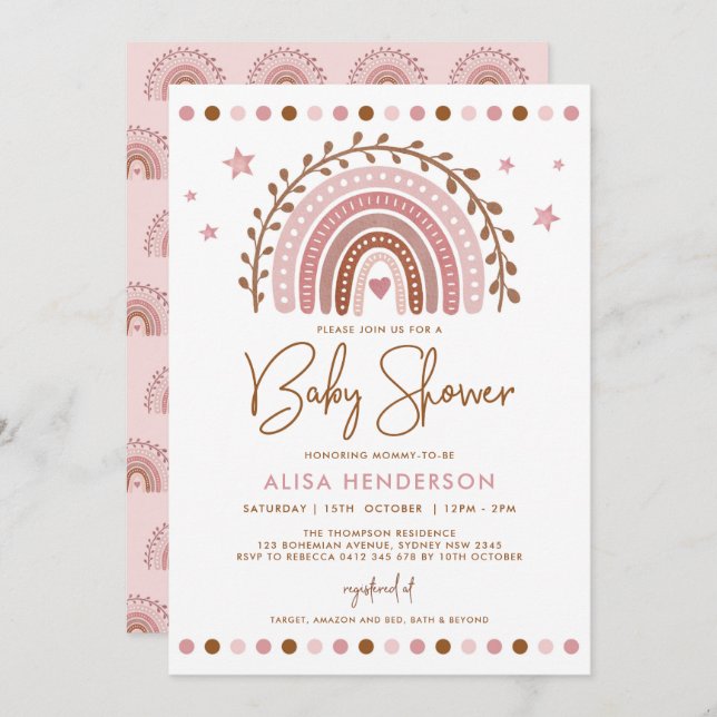 Invitación Boho Rainbow | Baby Shower de Terracota Rosa Muert (Anverso / Reverso)
