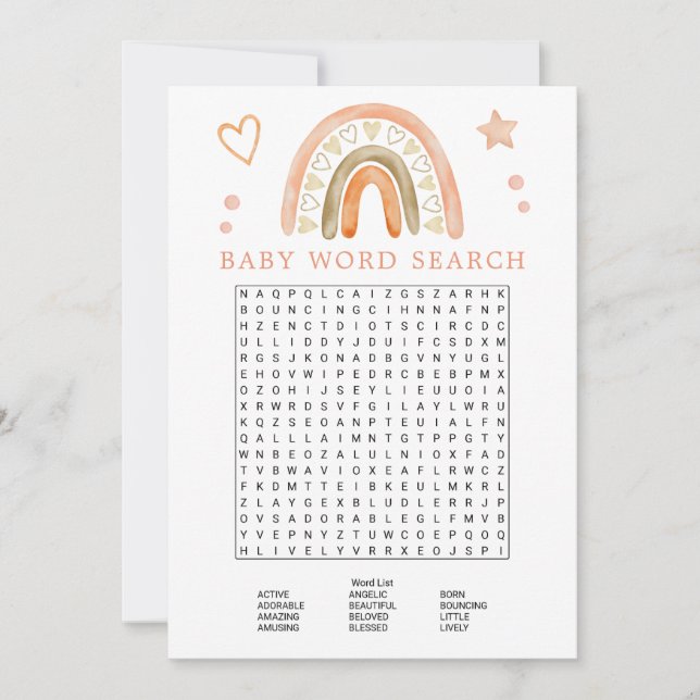 Invitación Boho Rainbow Baby Shower Word Search Game (Anverso)
