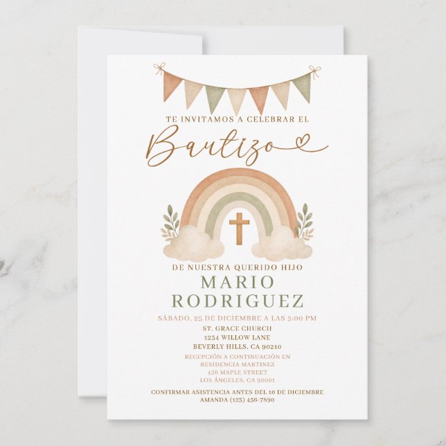 Invitación Boho Rainbow Bautizo Invitation Spanish (Anverso)