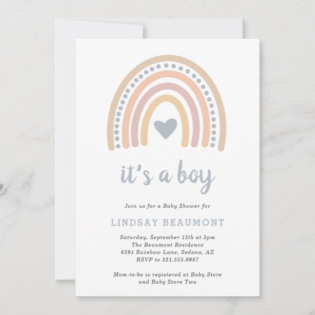 Invitación Boho Rainbow Blue Heart Cute Boy Baby Shower (Anverso)